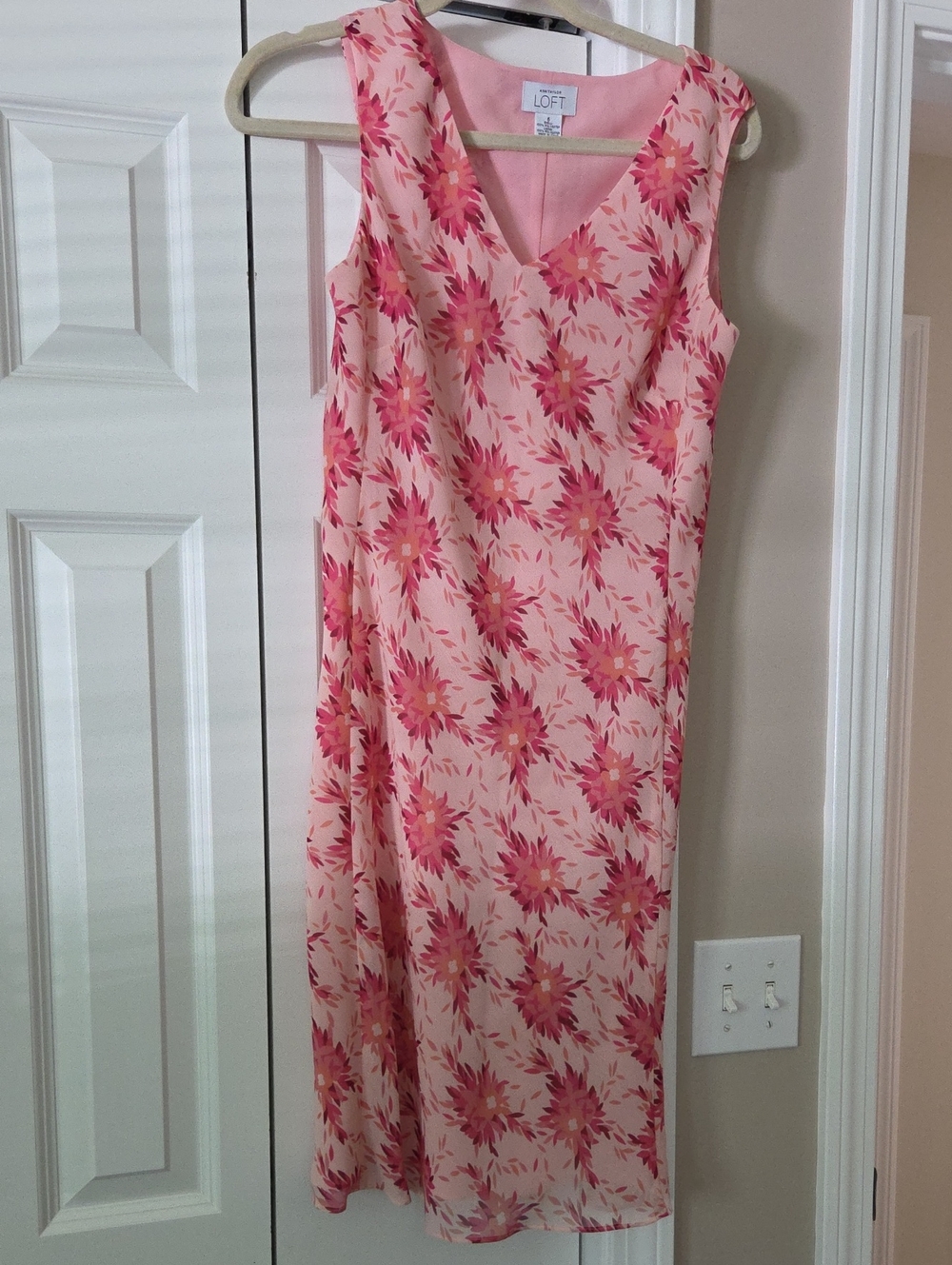 LOFT Pink Floral V-Neck Midi Dress